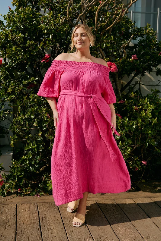 Friends and Family Sale Alisa Crinkle Cotton Off The Shoulder Dress in Pink Glo