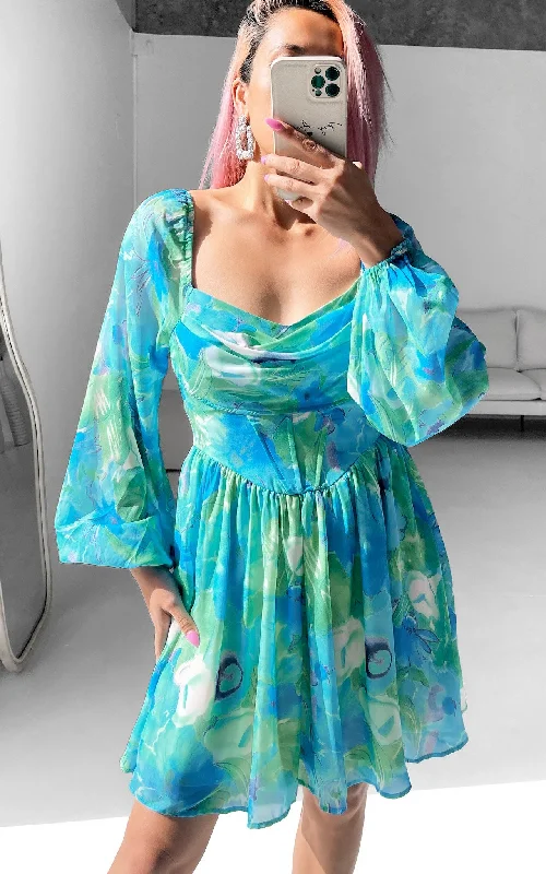 Epic Deals Mirahi Mini Dress - Blue Multi Floral