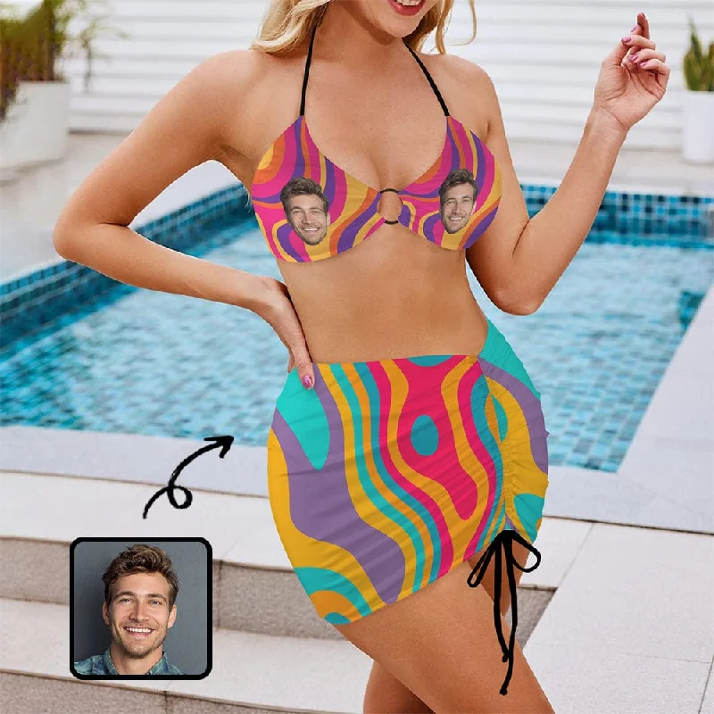 Online Only Custom Face Colorful Bikini Set Personalized Women's Drawstring Halterneck Three-Piece Swimsuit Skirt