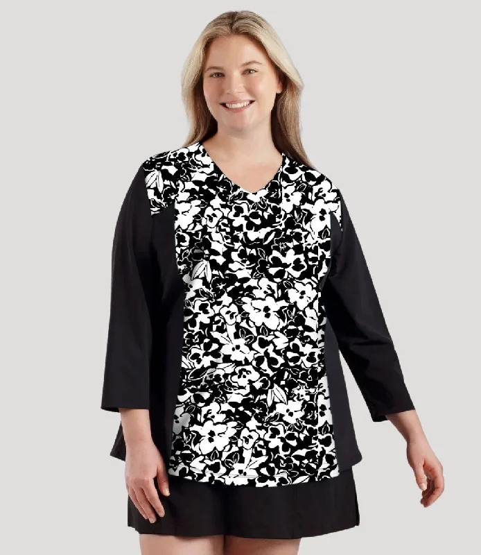 Special Discount QuikEnergy Lite Swim and Beach 3/4 Sleeve Top Hibiscus Black