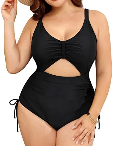 Today’s Deal Women Plus Size One Piece Swimsuits Deep V Neck Lace Up Swimwear-Black