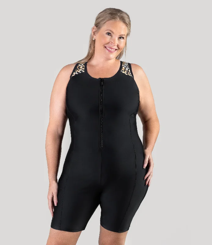 Midnight Sale QuikEnergy Racerback Zip Front Aquatard Leopard Print Black
