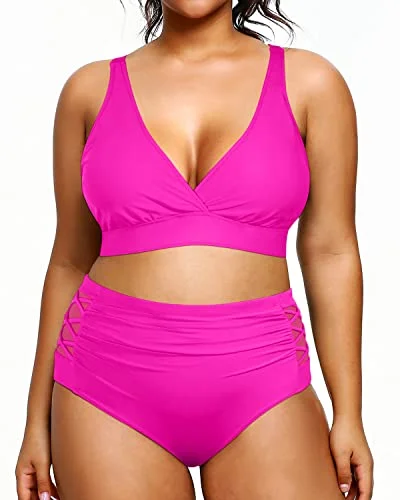Exclusive Deal V Neck Plus Size Bikini Two Piece Bathing Suits Slimming Swimwear-Neon Pink
