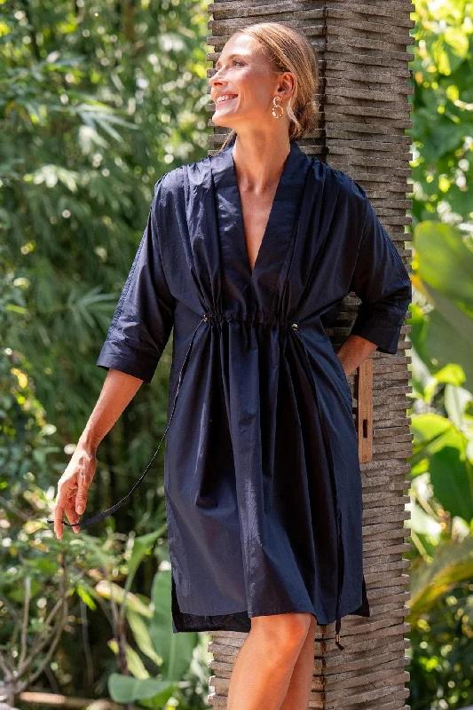 Referral Discount Finley Poplin Short Kaftan Dress in Navy