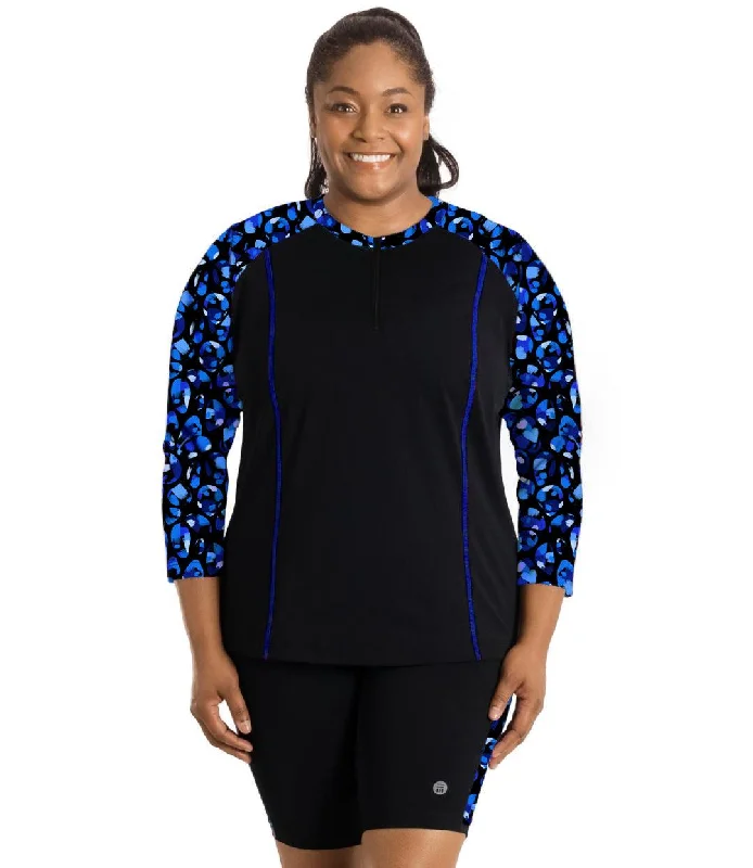 Crazy Savings AquaSport Long Sleeve Rash Guard Ocean Blues Print Black