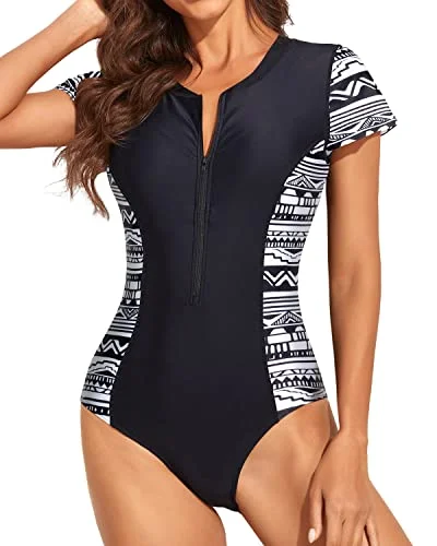 Don't Miss Slim Fit Short Sleeve Rash Guard One Piece Swimsuit Zip Up Bathing Suit Women-Black Tribal