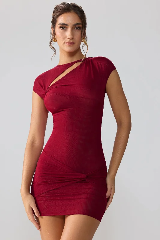 Savings Galore Mesh Cap Sleeve Cut Out Mini Dress in Ruby