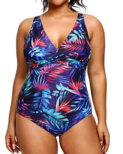 Buy Now Twist Front Cross Plus Size Swimsuit For Women Slimming Bathing Suit-Blue Leaves