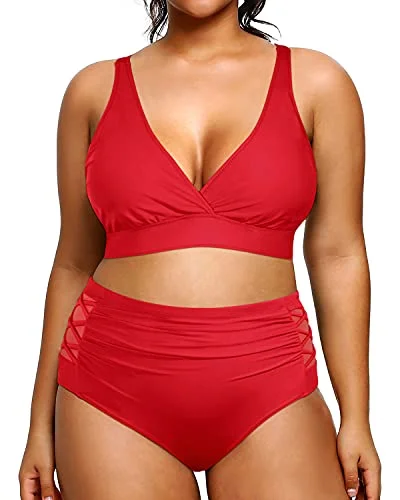 Special Discount High Waisted Lattice Mesh Inset Plus Size Bathing Suits For Curvy Women-Red
