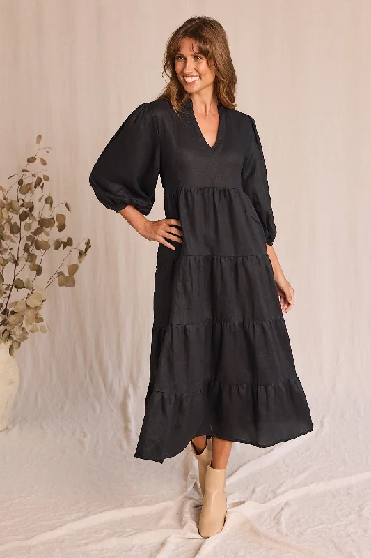 Midnight Madness Sabre Linen V-Neck Dress in Black