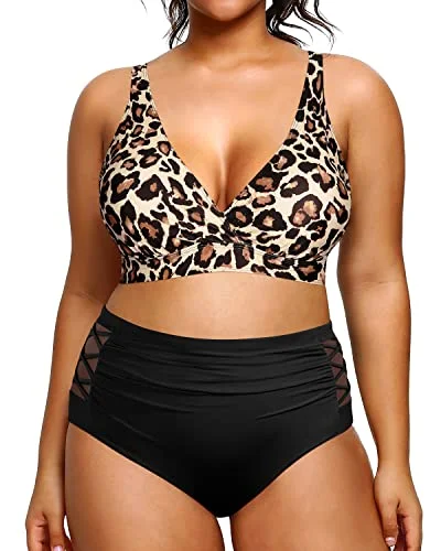 Super Sale 2 Piece Plus Size Bikini High Waisted Swimsuits Tummy Control Swimwear-Black And Leopard
