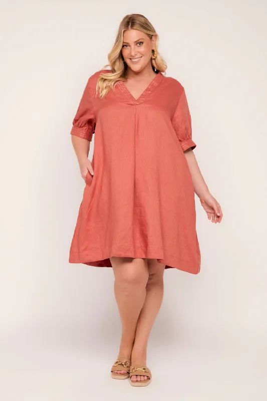 Final Sale Kora A-Line Puff Sleeve Linen Dress in Desert Rose