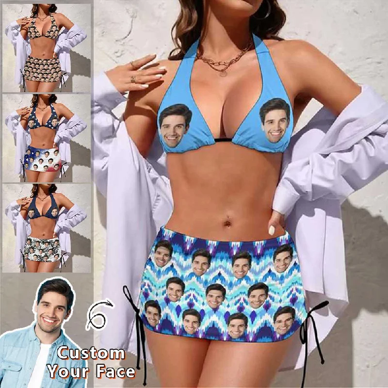 Act Fast Custom Face Blue 3-Pieces Bikini Set Halter Neck Top Bikini Skirts with Drawstring