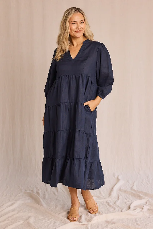 Limited Availability Sabre Linen V-Neck Dress in Navy