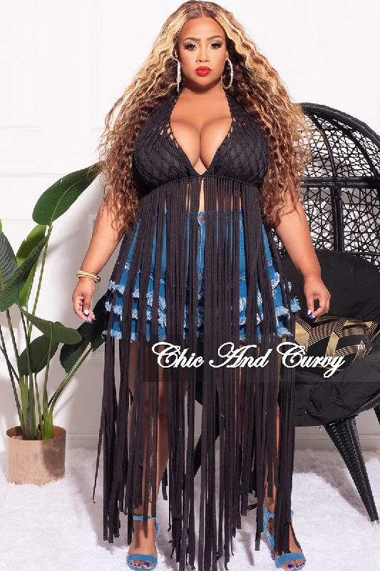 Today Only Final Sale Plus Size Long Fringe Halter Backless Crochet Crop Top in Black
