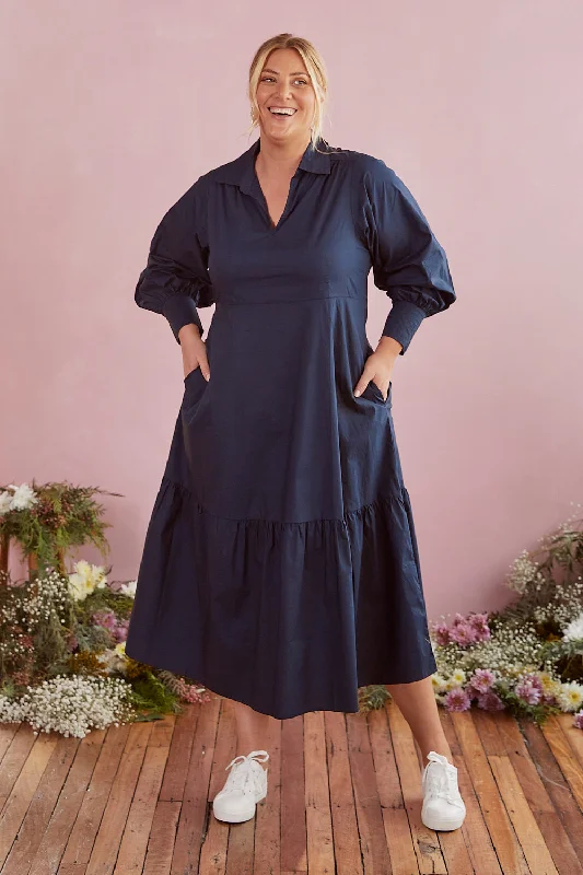 Big Discounts Sabre V-Neck Poplin Dress in Navy