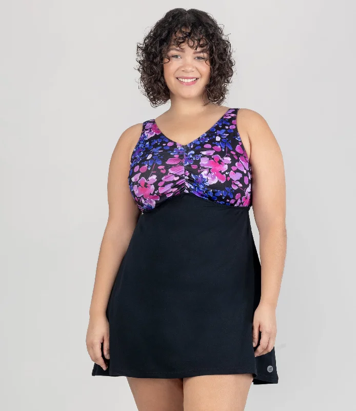 Discount Days AquaSport Shirred Swim Dress Floral Elegance Print Black Petite/Average Discount Days AquaSport Shirred Swim Dress Floral Elegance Print Black Petite/Average