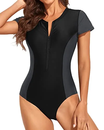 Deal of the Week One Piece Uv Block Fabric Rash Guard Bathing Suit Women-Black And Gray