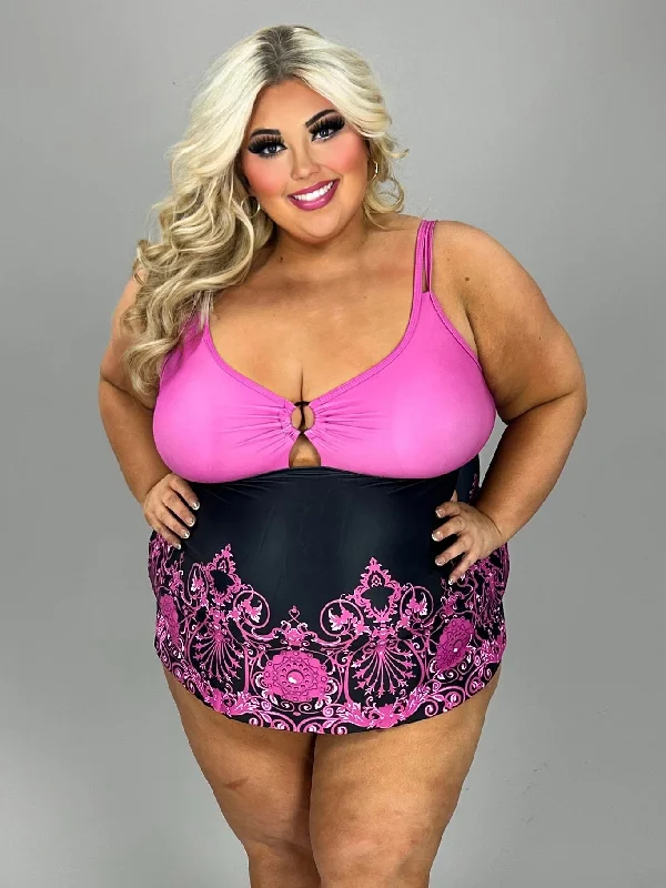 Season Finale Sale SWIM-P {Pacific Tides} Black/Magenta Print 2 Piece Swimsuit CW EXTENDED PLUS SIZE 4X