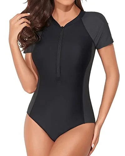 Huge Savings Women's One Piece Zipper Swimsuit Short Sleeve Rash Guard-Black And Gray