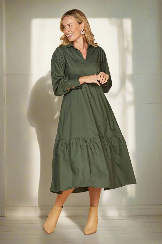 Closeout Sabre V-Neck Poplin Dress in Bottle Green