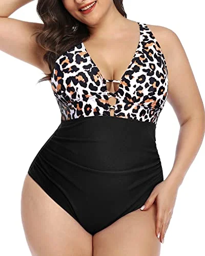 Holiday Sale Lace Up Plunge V Neck Plus Size Ruched One Piece Swimsuit-Black And Leopard