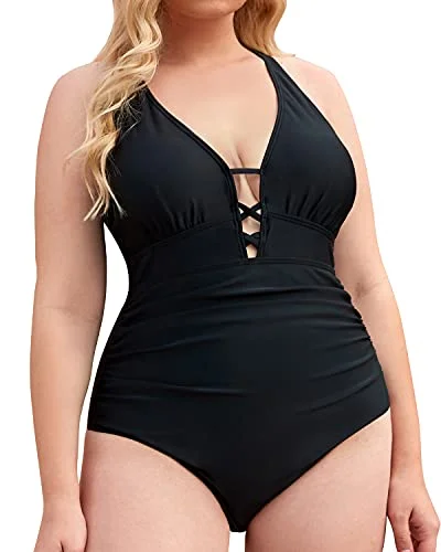 Today Only Slimming Tummy Control Bathing Suits Plus Size One Piece Swimsuit-Black