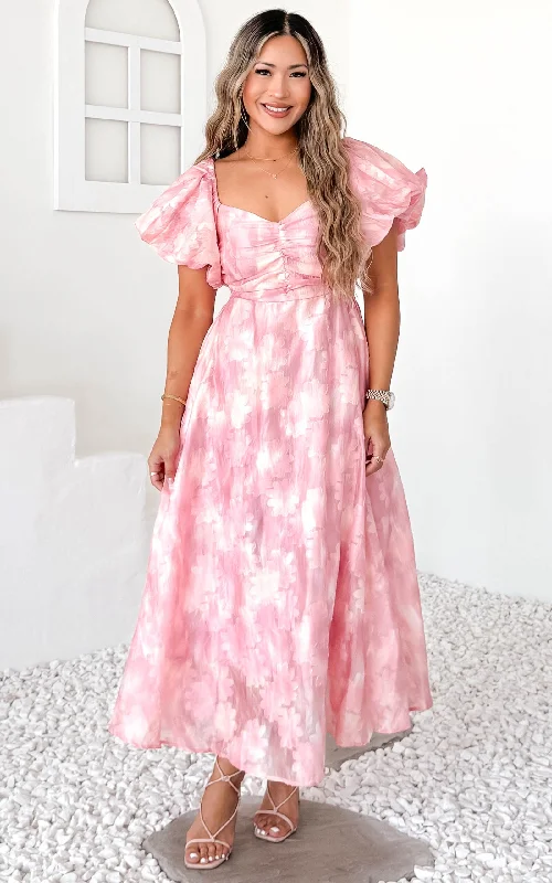 Shop and Save Rhea Midi Dress - Peach Pink Floral Texture