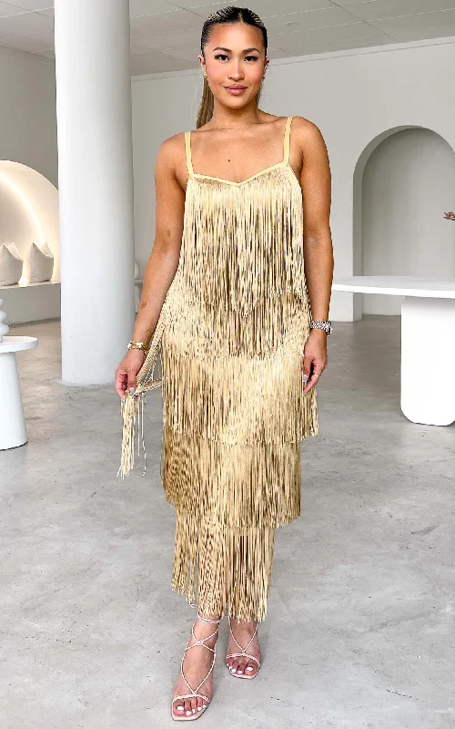 Time-Limited Offer You Found Me Fringe Tassel Maxi Dress - Gold