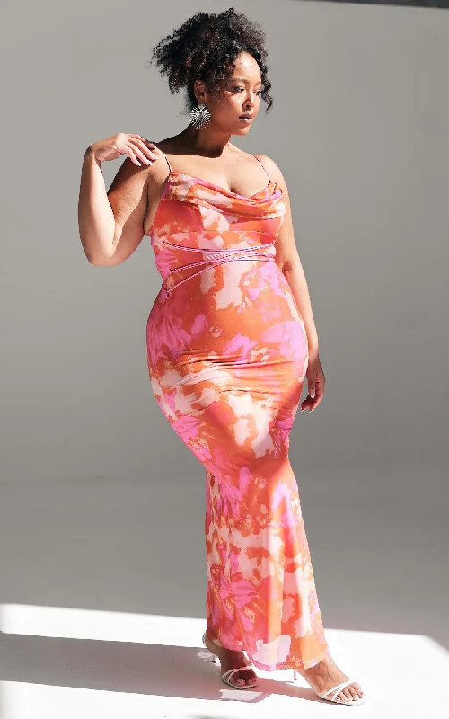Great Bargains Lizzie Mesh Maxi Dress - Pink Orange Print