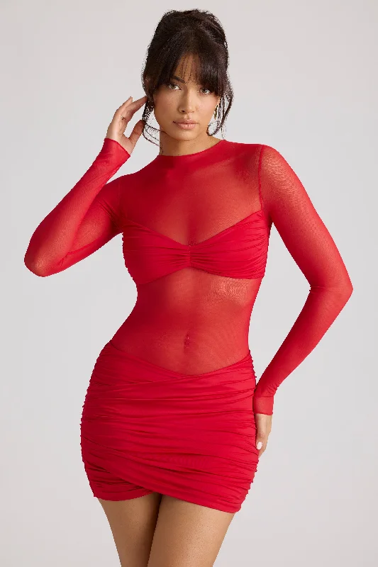 Exclusive Offers Sheer Panelled Long Sleeve Mini Dress in Fire Red