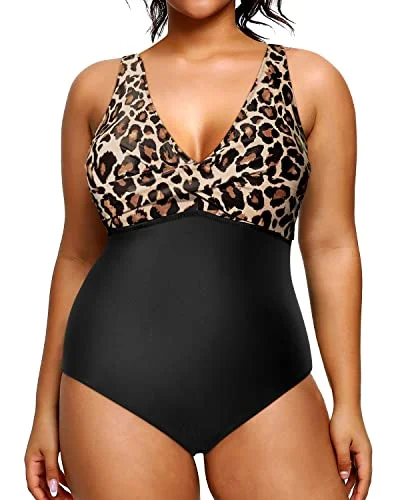 Today's Special Women's Twist Front Cross One Piece V-Neck Plus Size Swimsuits-Black And Leopard