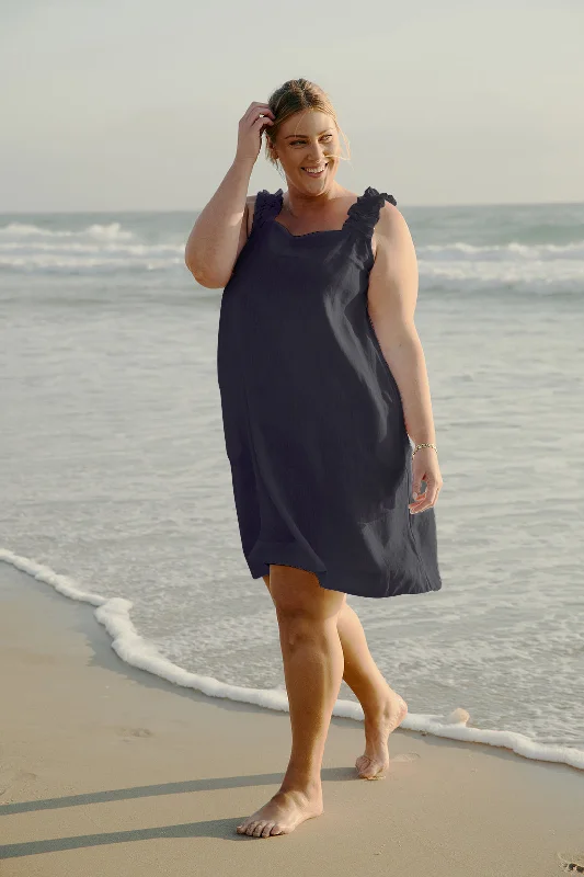 Savings Galore Claire Short Linen Dress in Navy
