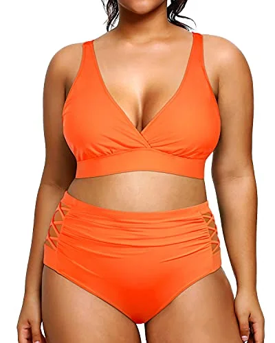 The Best Prices 2 Piece Plus Size Bikini High Waisted Swimsuits Ruched Bottoms-Neon Orange