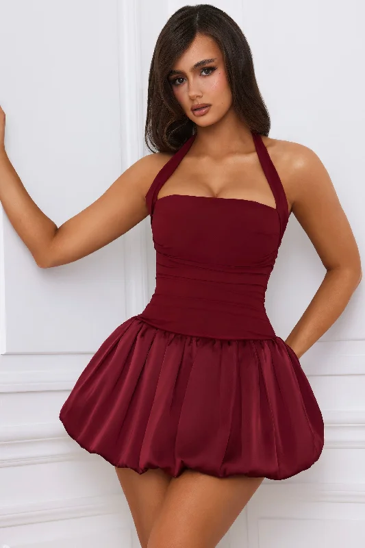 Price Meltdown Halterneck Lace-Up Bubble Hem Corset Micro Mini Dress in Berry Red