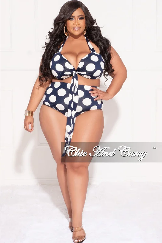 Bargain Prices Final Sale Plus Size 2pc Set Poolside Playsuit with Bikini Halter Crop Top & High Waist Bottoms in Navy and White Polka Dot Print