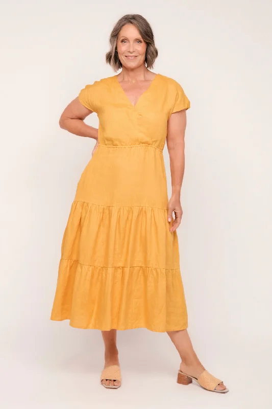Exclusive Savings Shari Linen V-Neck Dress in Golden Hour