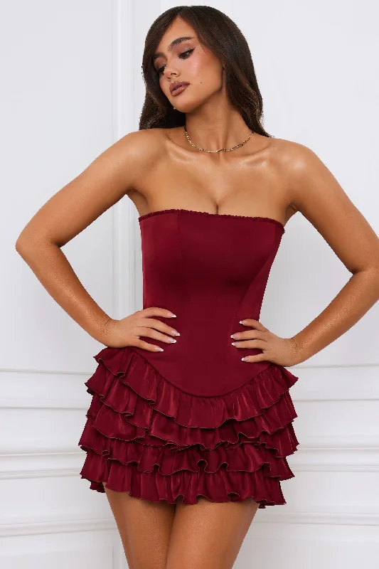 Savings Event Bandeau Ruffled Tiered Corset Mini Dress in Berry Red