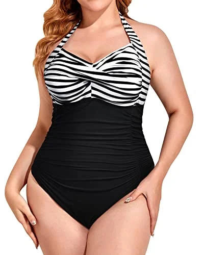 New Deals Sweetheart Neckline Plus Size Slimming One Piece Swimsuit-Black And White Stripe