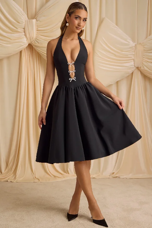 Limited Time Offer Halterneck Bow-Detail Midi Dress in Black