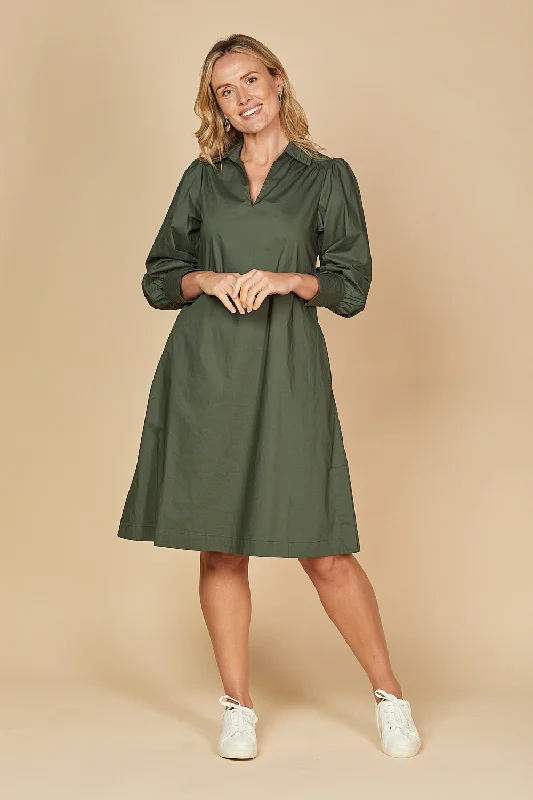 One-DAY Sale Blaine Collared Poplin Dress in Bottle Green