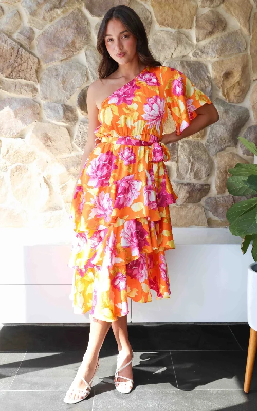 Special Buy Mikko Midi Dress - Orange Pink Floral