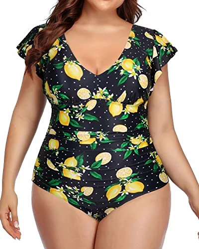 Don't Wait V-Neck Bathing Suits Ruffles Plus Size Swimsuits For Women-Lemon