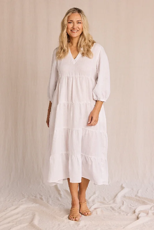 Epic Deals Sabre Linen V-Neck Dress in White
