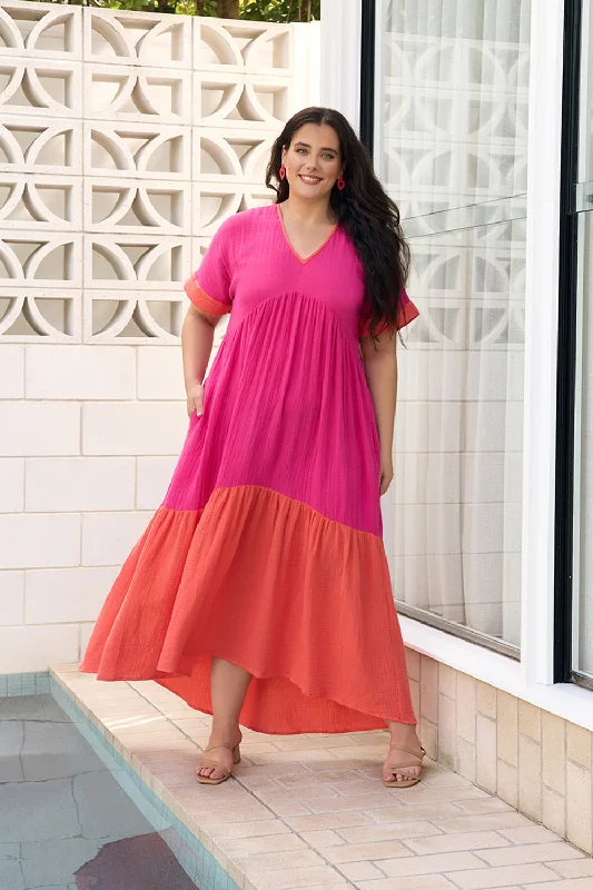 Final Clearance Adriana Crinkle Cotton V-Neck Dress in Sunset