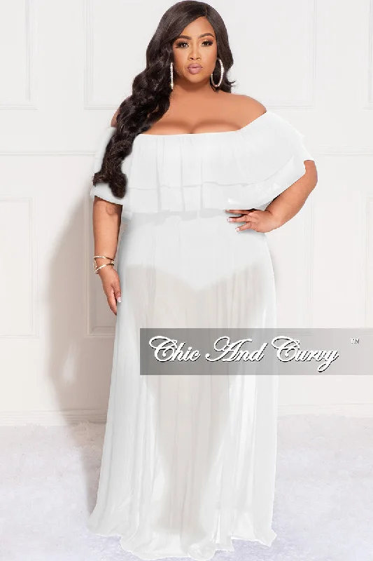 Epic Deals Final Sale Plus Size Off the Shoulder Mesh Ruffle Bodysuit Dress with Double Slits in White