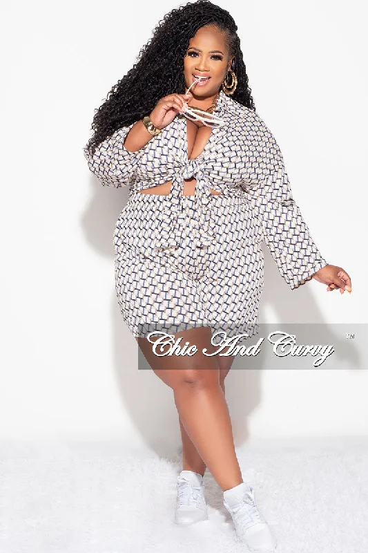 Sneak Peek Sale Final Sale Plus Size 3pc Set, Bikini Top High Waist Shorts and Cover Shirt in Tan Powder Blue and Black Design Print