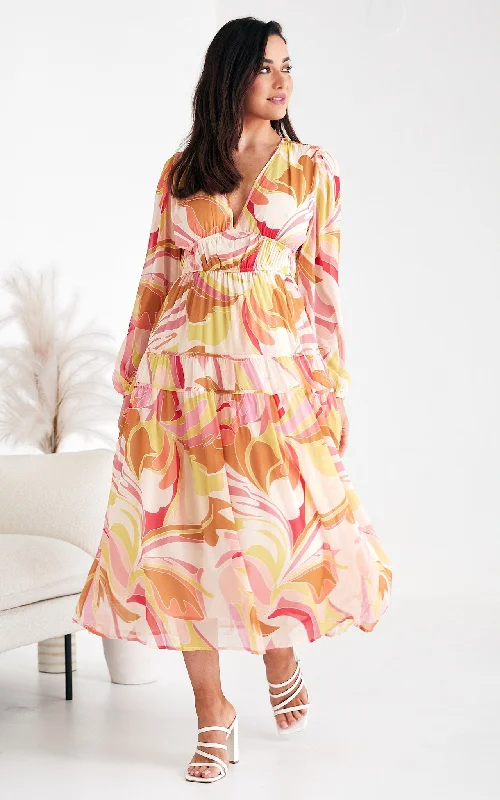 Special Promotion Diana Long Sleeve Maxi Dress - Yellow Cream Multi Print