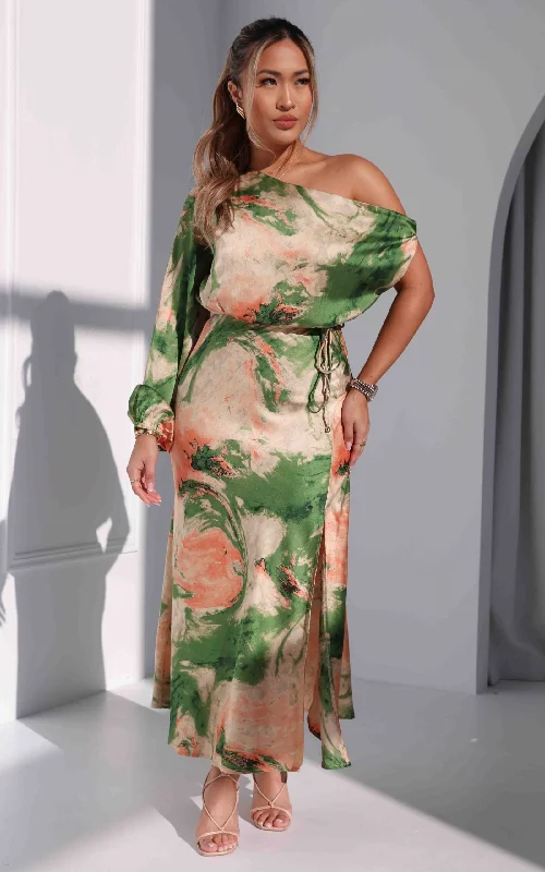 Final Markdown Martisha Long Sleeve Maxi Dress - Green Peach Multi Print
