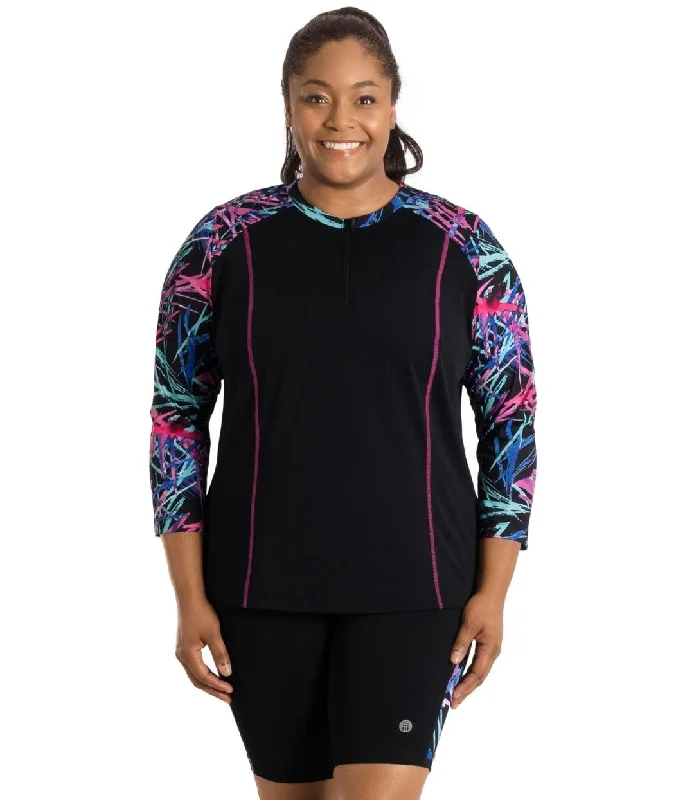 One-DAY Sale AquaSport Long Sleeve Rash Guard Sunset Palm Print Black